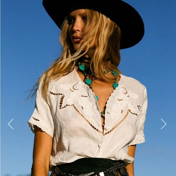 Chasing Unicorns✨ Not Alone Anymore Linen Cutwork Blouse sz M - Picture 3 of 17